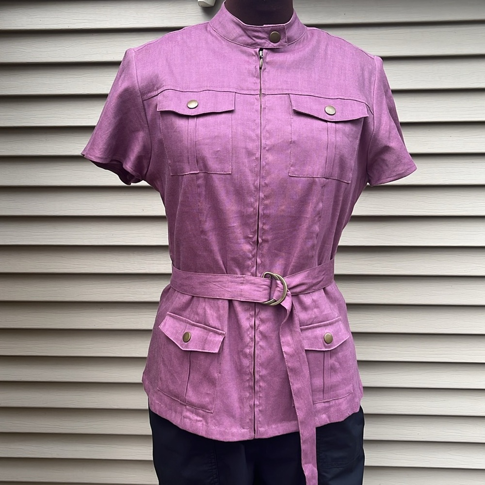 Plum colored jacket with batwing short sleeves and optional belt size 8